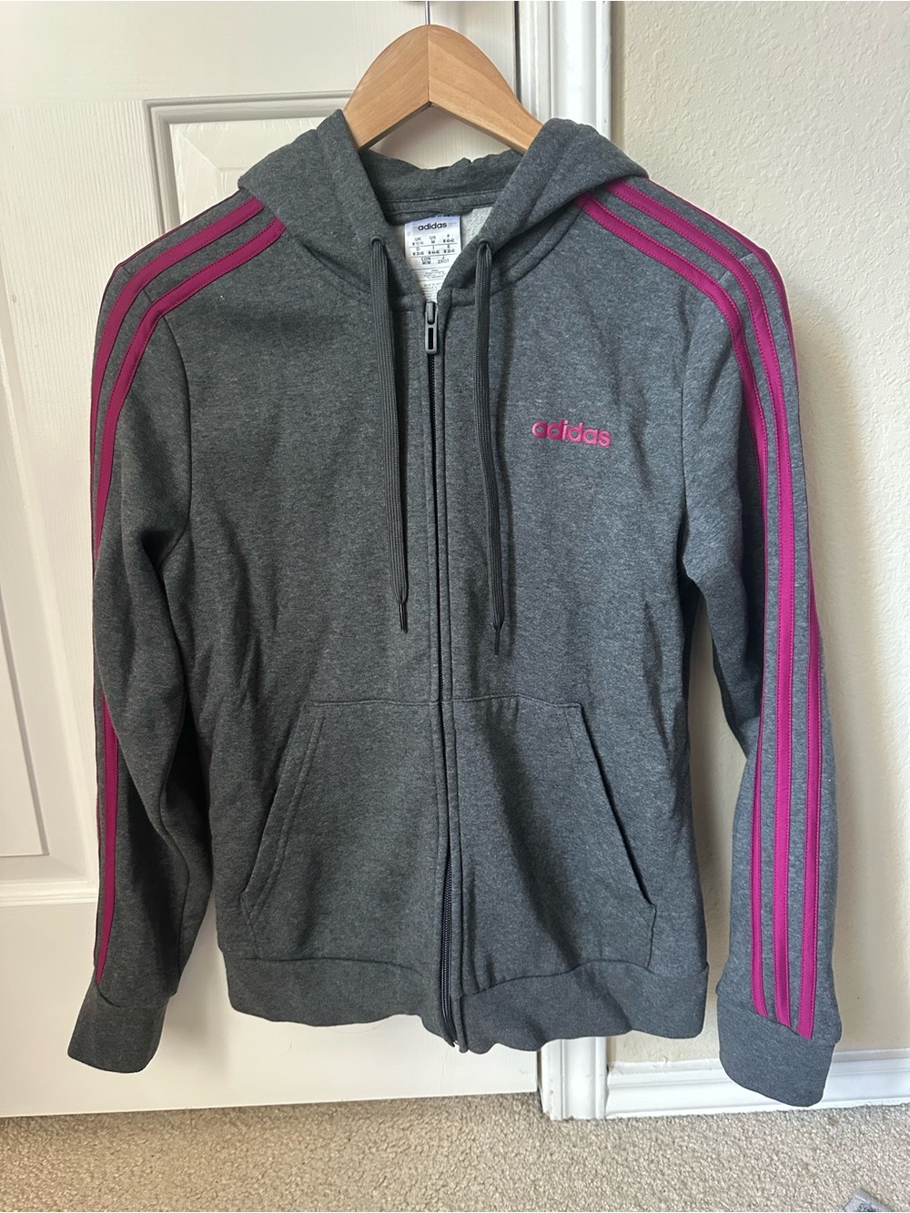 Adidas Gray Zip-Up Lightly Fleece Lines Hoodie with Pink Stripes